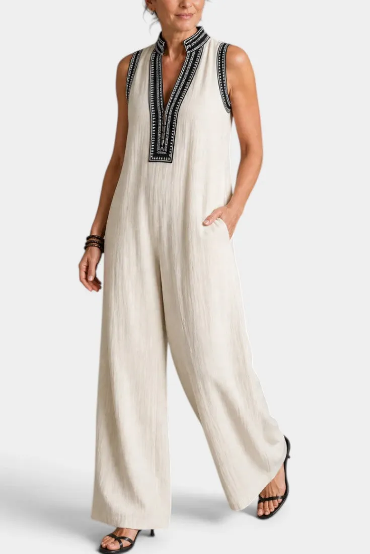 Sleeveless V-Neck Linen Jumpsuit with Ethnic Embroidery