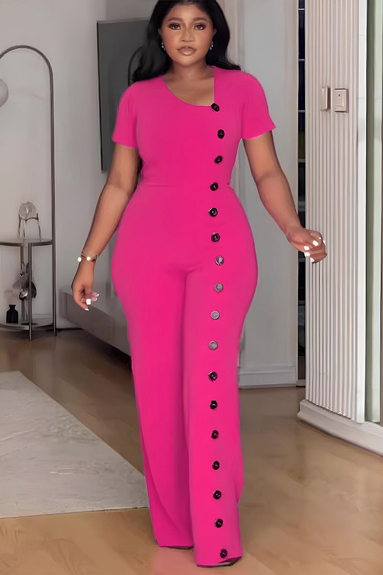 Irregular Neckline Short Sleeve Buttons Decor Solid Color Jumpsuit-DeepPink