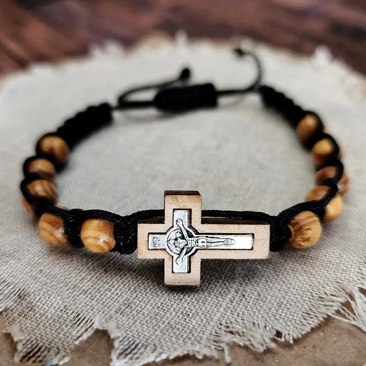 Cross Jesus Wooden Rosary Wrap Bracelet