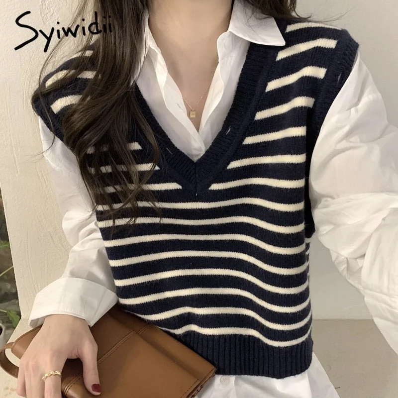 Syiwidii Striped Vintage Sweater Vest Women Y2k Tops Knit V-Neck Sleeveless Casual 2021 Korean Fashion Black Beige Pullovers