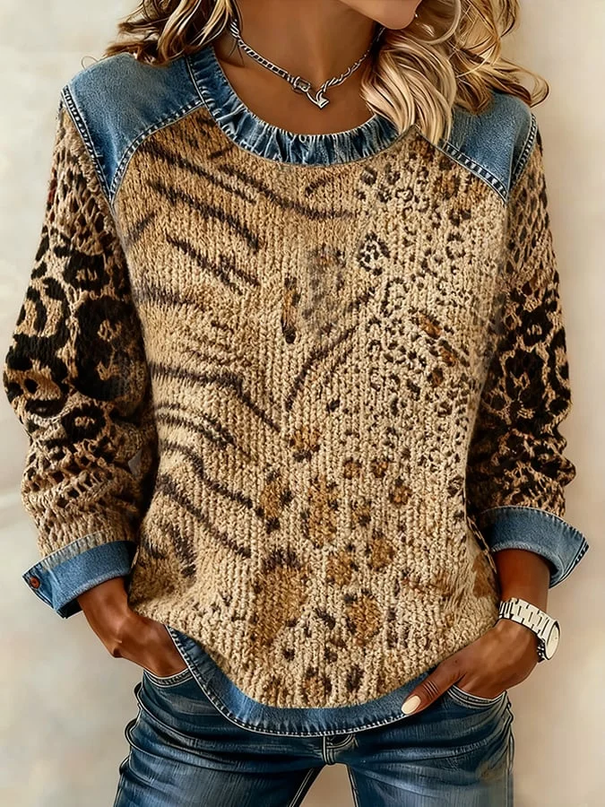 Women's winter leopard print denim flat-neck round neck top 