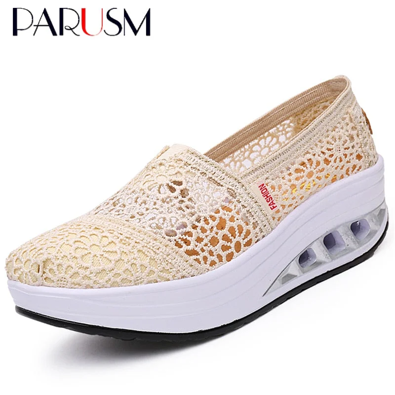 2019 Woman Casual Shoes Women Hollow Floral Breathable Mesh Lace Casual Shallow Shoes Ladies Platform Thick Heel Sole Shoes