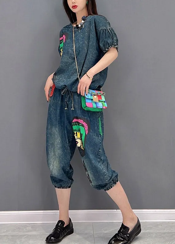 Handcrafted Blue O-Neck Wrinkled Appliques Denim Tops and Pants-Two Piece Set Women