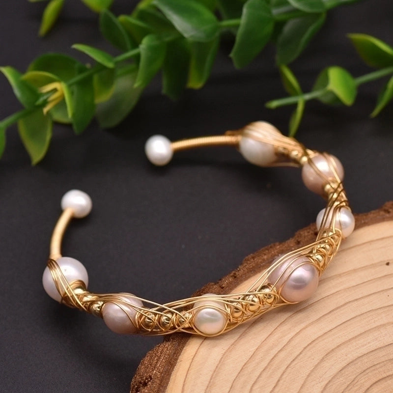 Retro Flower Copper Plating Inlay 18K Gold Plated Pearl Bangle