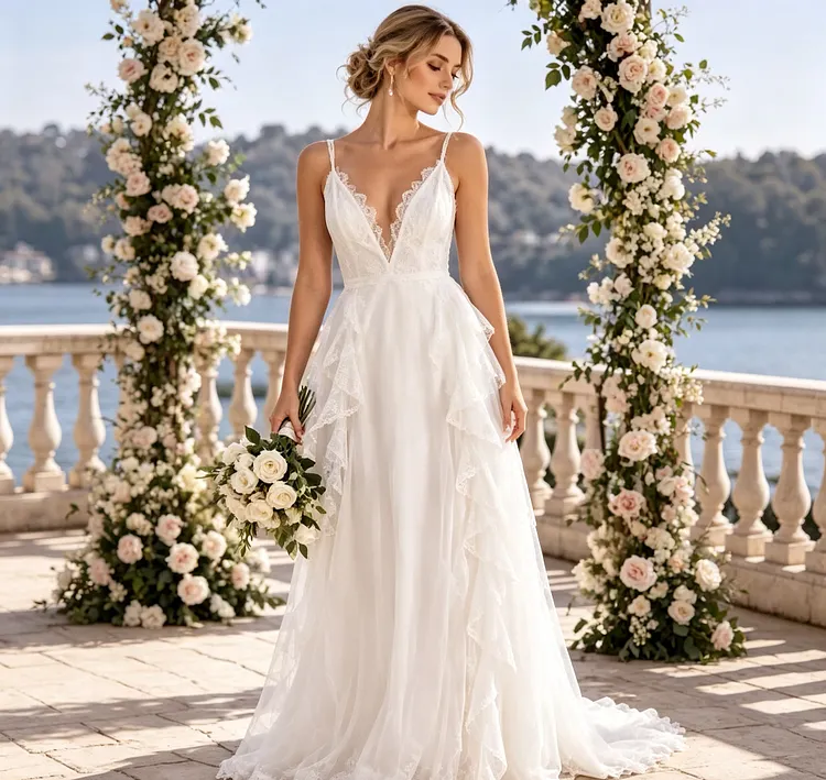 Dreamy White Lace Wedding Dress &ndash; Backless Deep V-Neck Bridal Gown with Romantic Ruffles & Flowing Train
