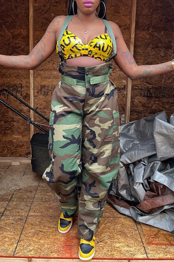 Casual Camo Print Wide Leg High Waist Trousers With Suspenders