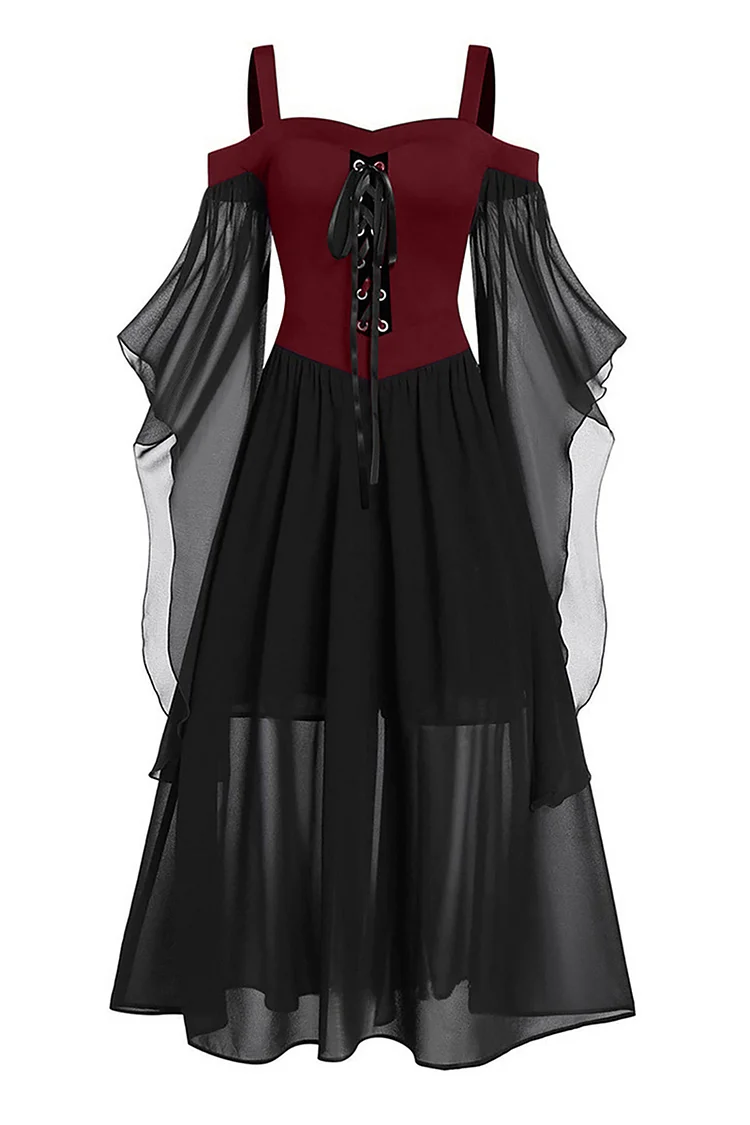 Medieval Party Red Tulle Lace Up Long Sleeves Cami Maxi Dress