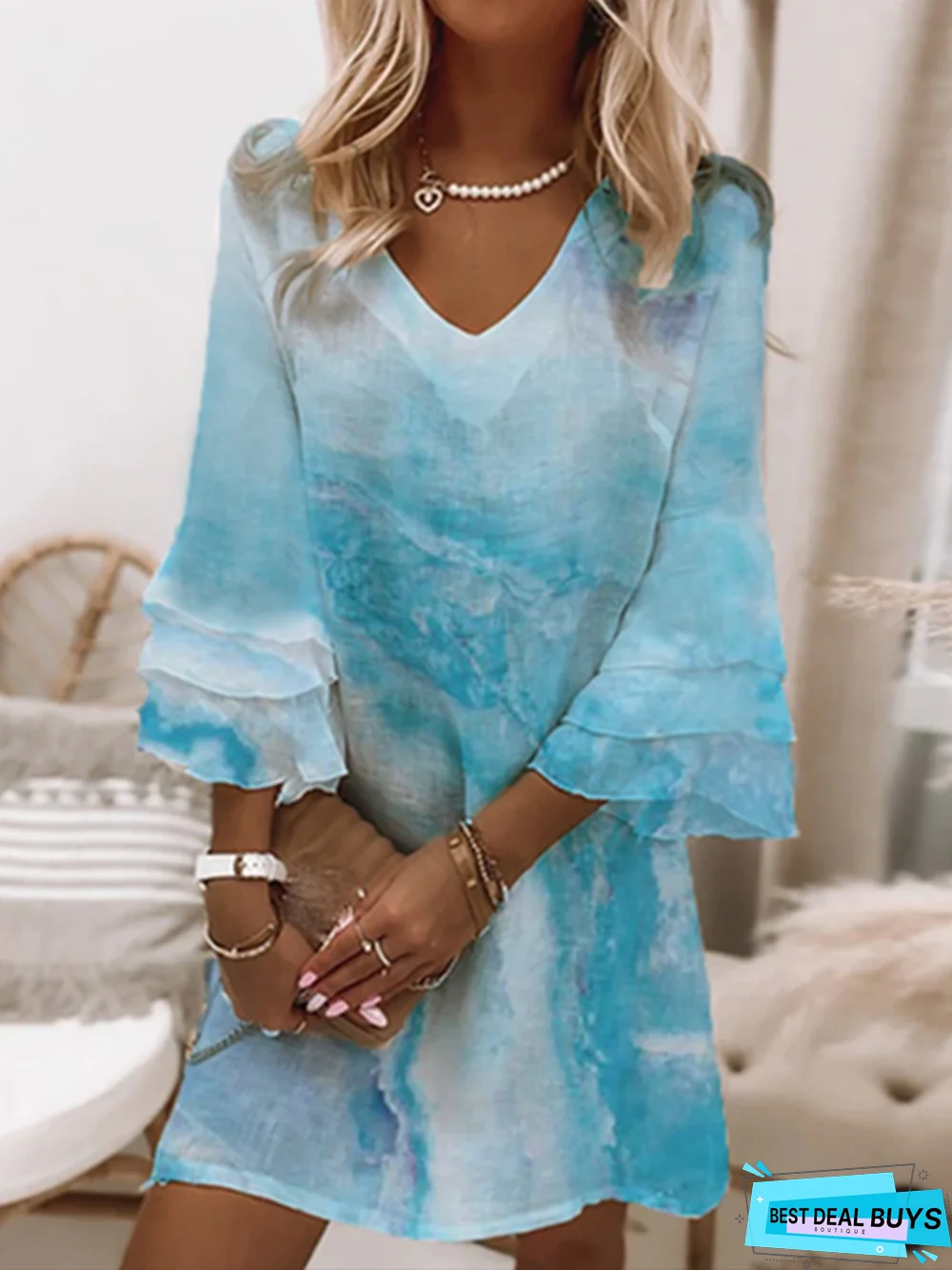 Casual V neck Printed Three Quarter Woven Tunic Dress