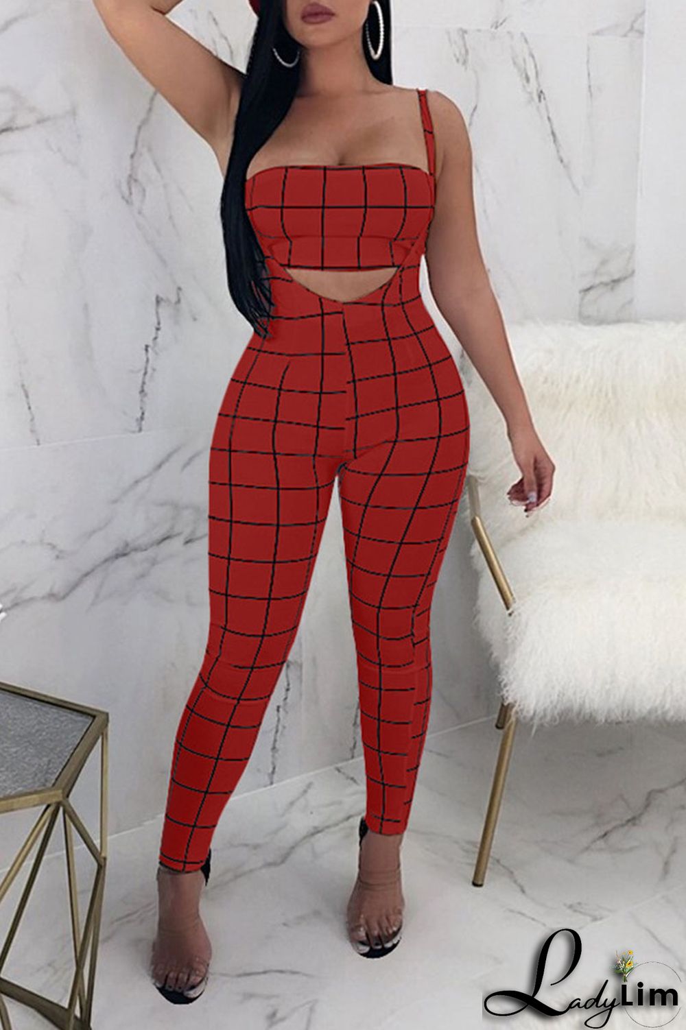 Deep Blue Sexy Plaid Print Split Joint Spaghetti Strap Sleeveless Two Pieces