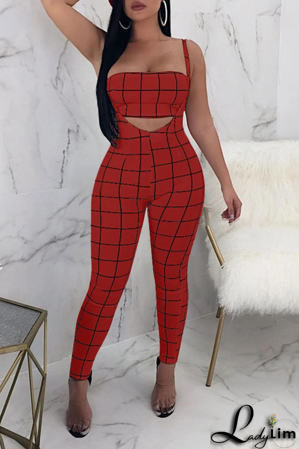 Deep Blue Sexy Plaid Print Split Joint Spaghetti Strap Sleeveless Two Pieces