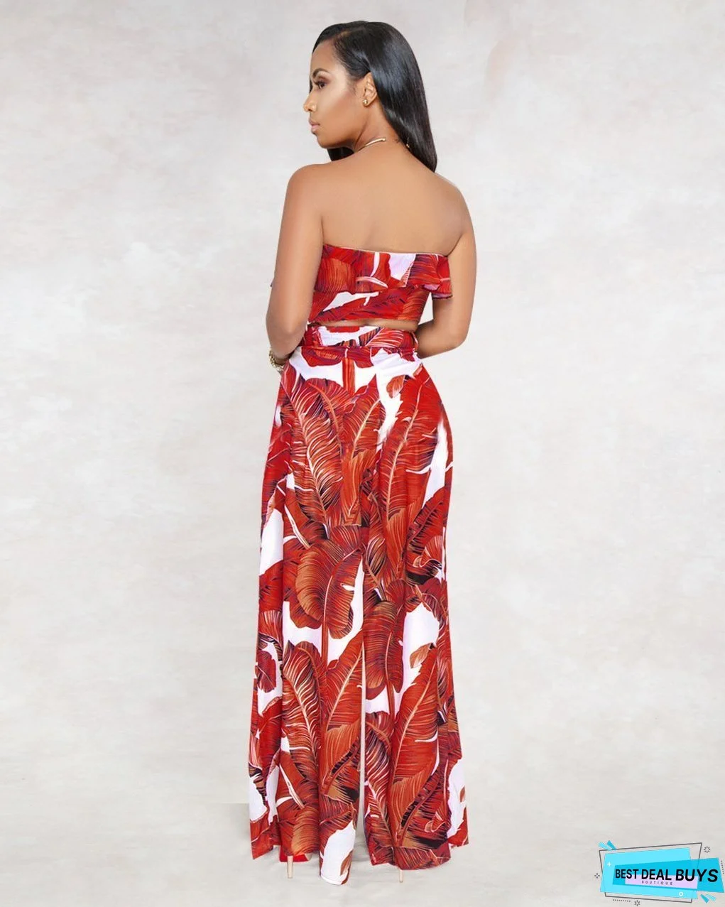 SEXY PRINTING STRAPLESS FLOUNCE TOP WIDE-LEG TROUSERS SUIT