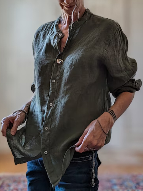 Solid Color Cotton And Linen Long-sleeved Shirt hjn Shicloths