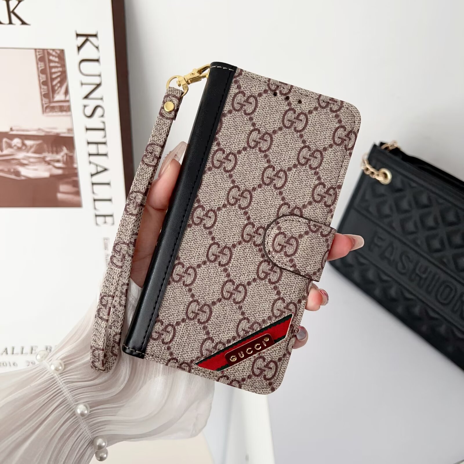 Gucci Ophidia GG Stitching Leather Flap Wallet Apple iPhone Case