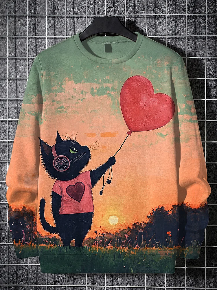Men's Black Cat Holding Love Heart Balloon Valentine's Day Art Print Casual Sweatshirt