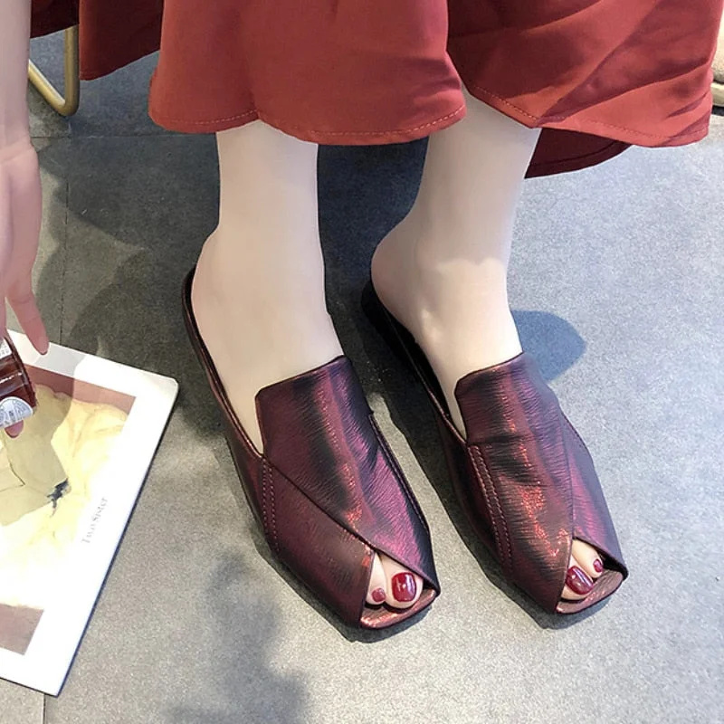 Women Slippers 2022 New Summer Fashion Peep-toe Sexy Shoes Med Heels Chunky Designer Slides PU Leather Sandals Party Flip Flops