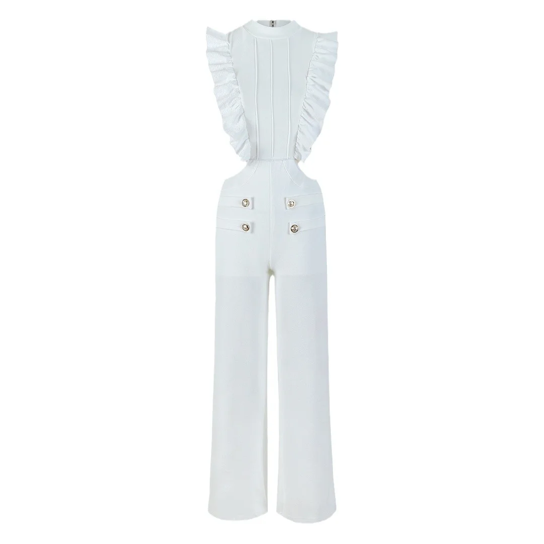 Uveng Solid Color Lotus Leaf Side Hollow Conjoint Set Of Beach Pants Women's Sense 2025 New Seaside Vacation