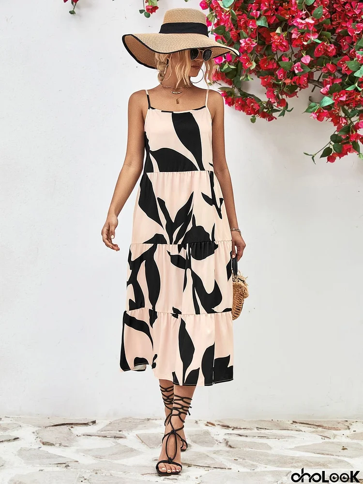 Printed Spaghetti Strap Tiered Midi Dress