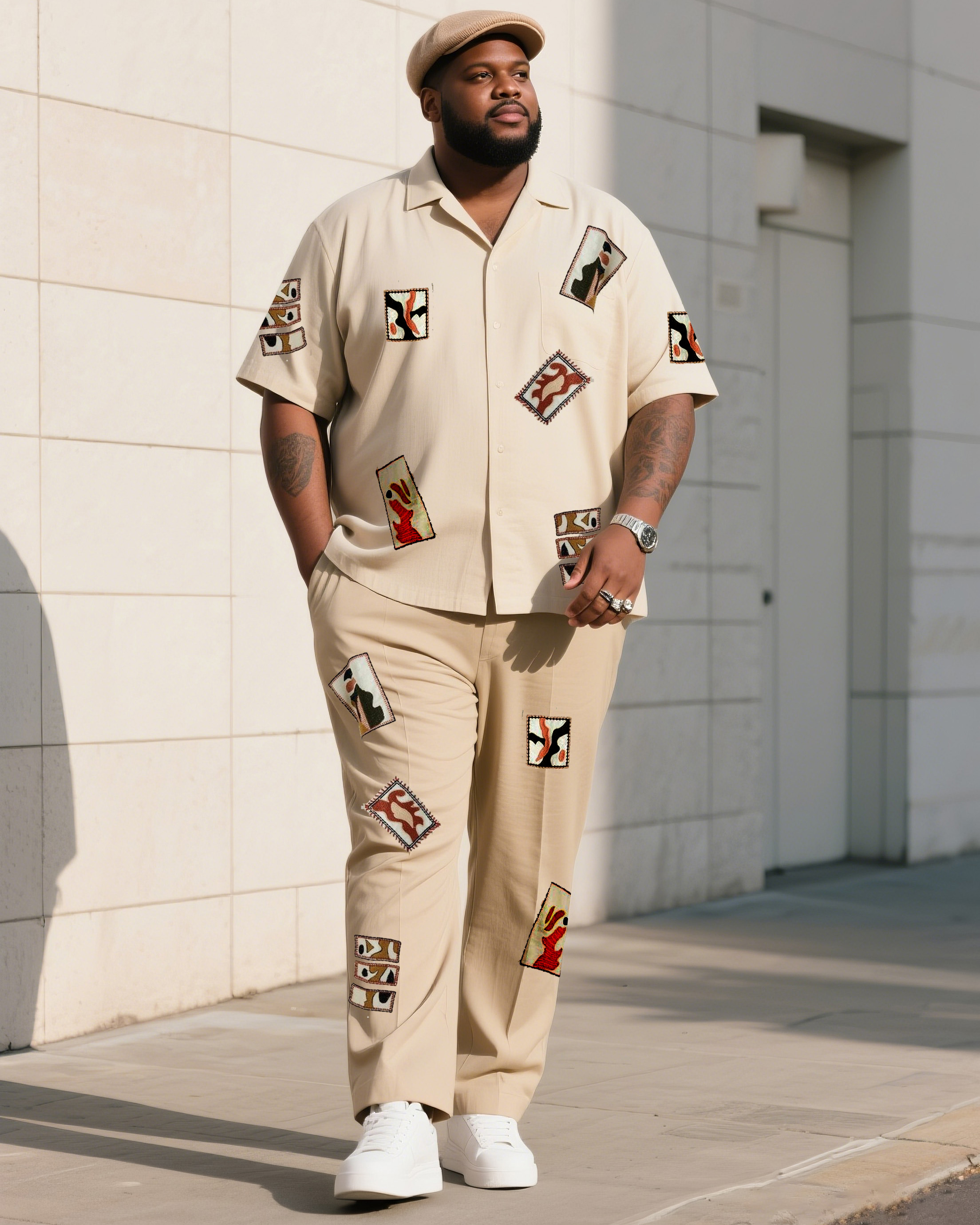 Big Boy Daily Casual Retro Apricot Creative Square Print Short Sleeve Shirt Trousers Suit
