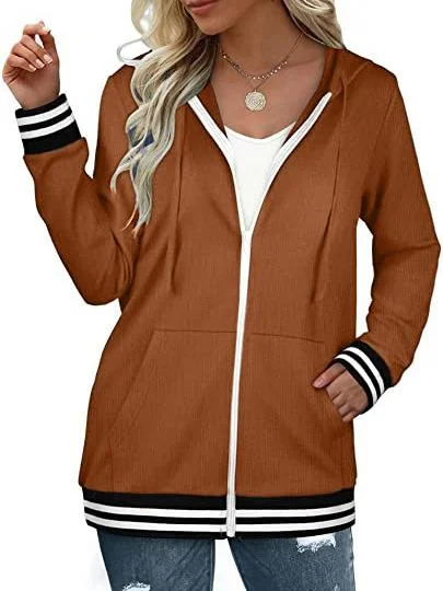 Women's Plain Zip Hooded Striped Sweatshirt Long Sleeve Jacket Top