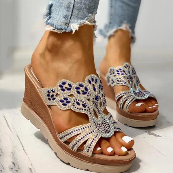 Rhinestone Platform Wedges Backless Slip-on Sandals