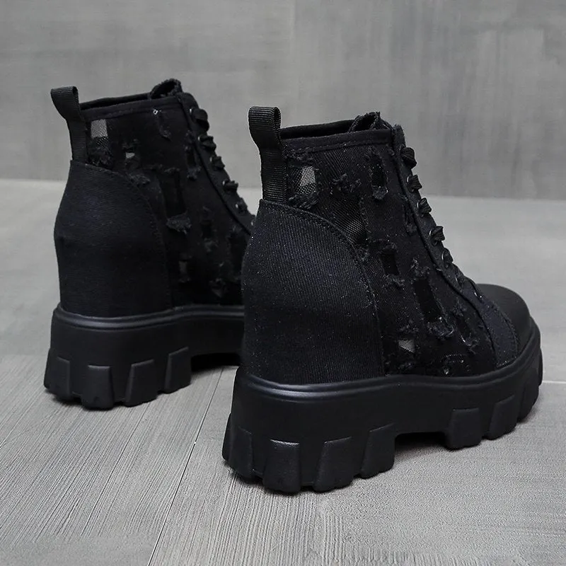 2022 Autumn Hollow Out Canvas Ankle Boots For Women Round Toe Lace Up Hidden Heels Shoes Woman Chunky Platform Booties