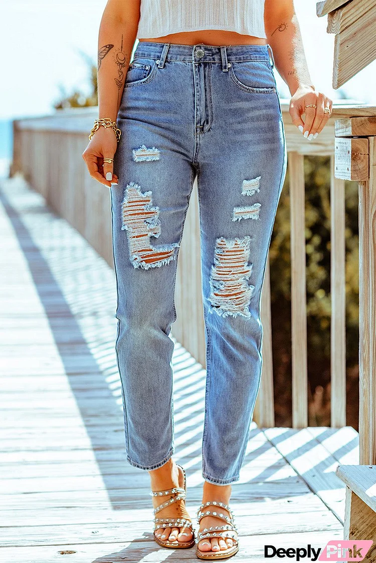 Distressed Slits Straight Jeans