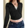 Polo Neck Buttoned Long Sleeve Crop Top