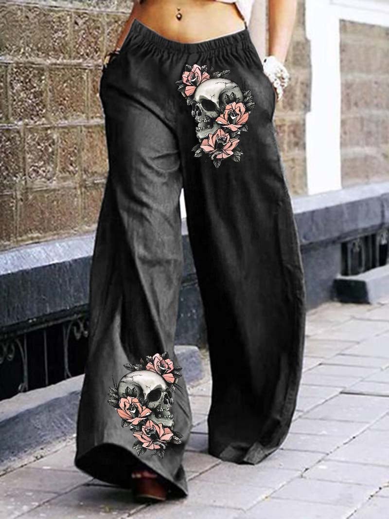Skulls Rose Printed Baggy Pants
