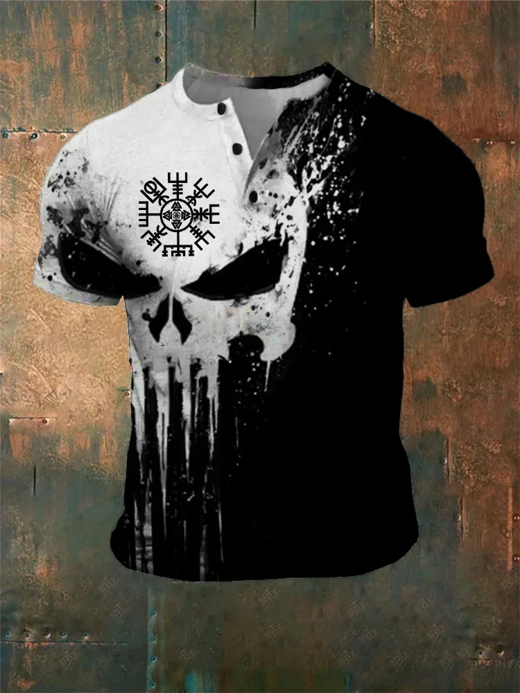 BrosWear Men's Viking Vegvisir Skull Contrast Color Henley Shirt