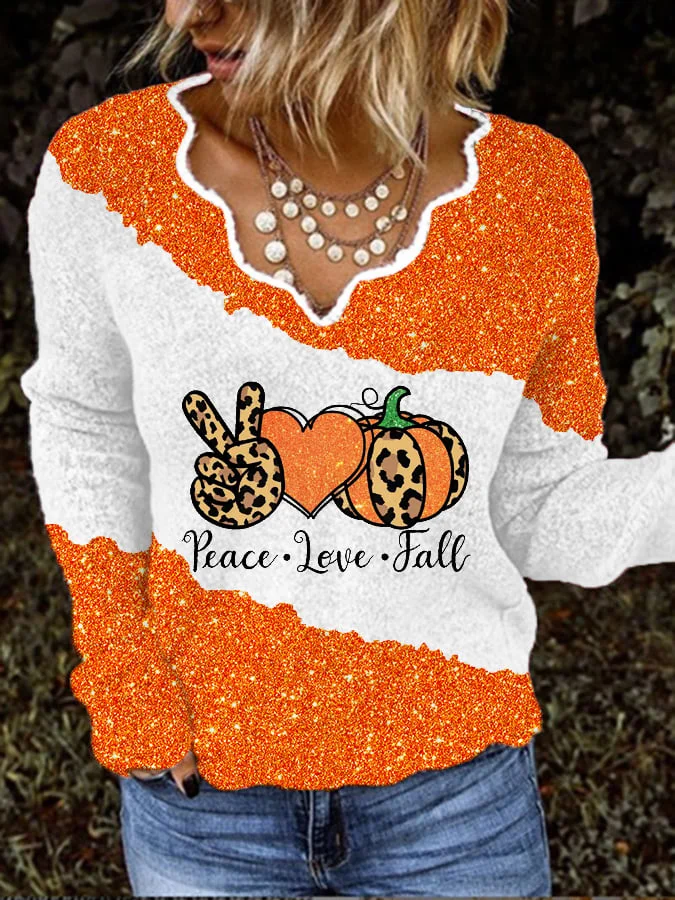 Women's Thanksgiving Peace Love Fall Print V-Neck Top