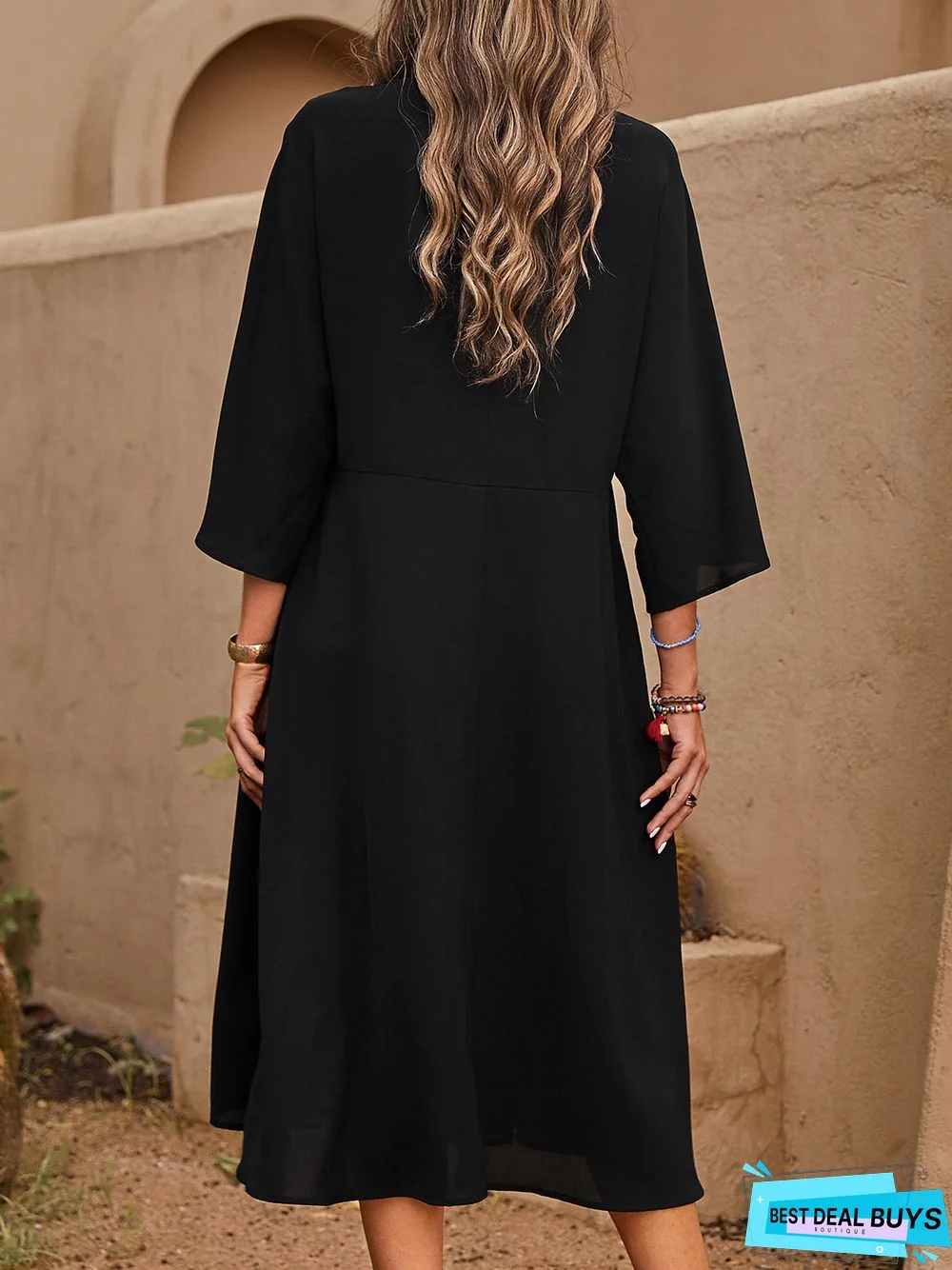 Appliqued Casual A-Line 3/4 Sleeve Weaving Dress
