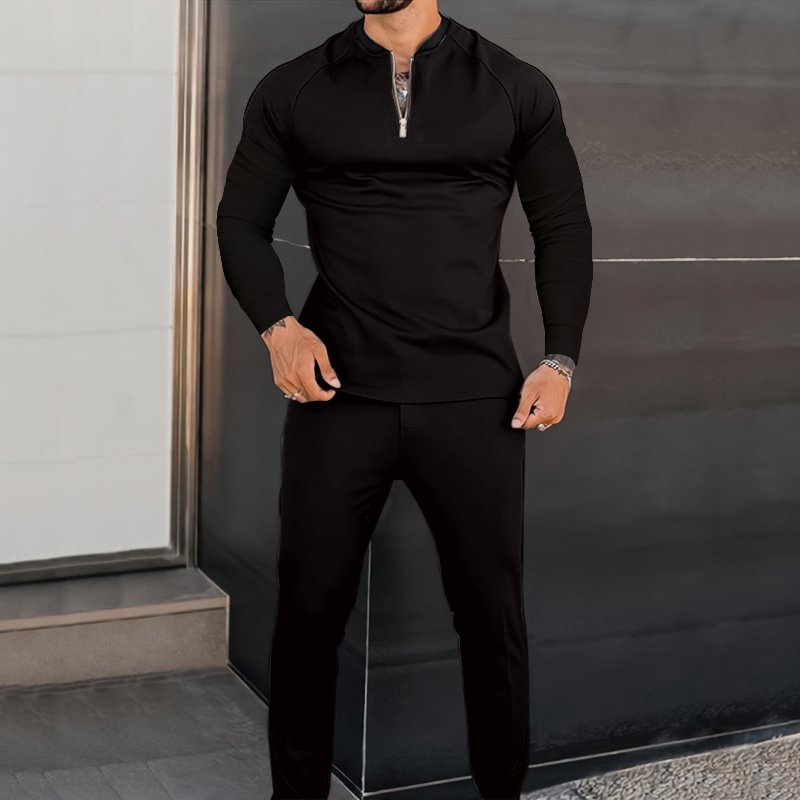 Men's Solid Color Casual Long Sleeve  Polo Shirt And Pants Two Piece Set