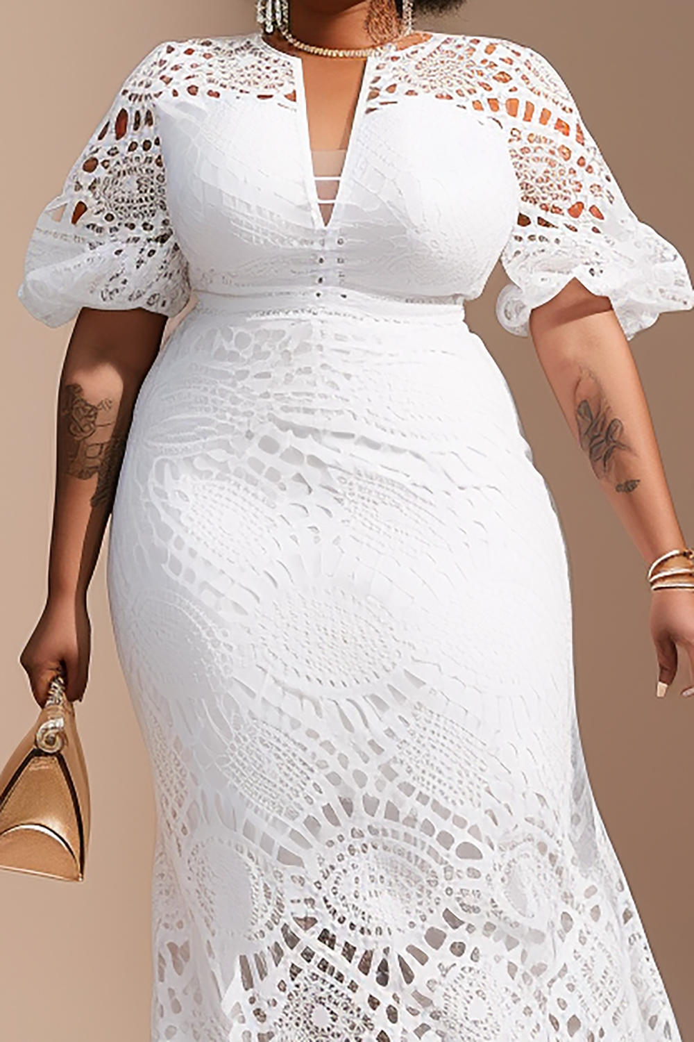 Design Plus Size Mother Of The Bride Elegant White Round Neck Puff Sleeve Short Sleeve Hollow Lace Maxi Dresses [Pre-Order]