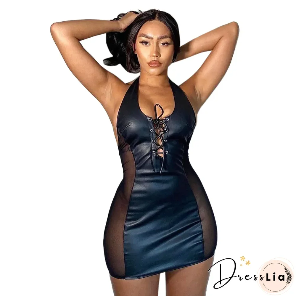 New Sexy Halterneck Mesh Stitching PU Leather Skinny Dress Women Halter Sleeveless Backless Black Bodycon Dress Y2k Dress