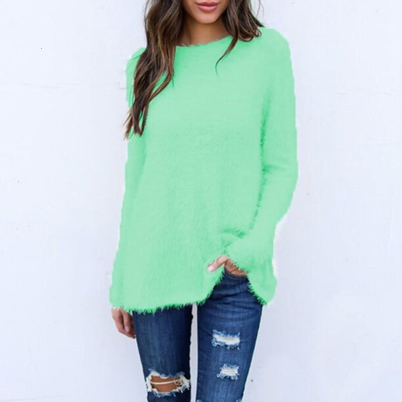 Gentillove Women Winter Solid Color Plush Sweater Ladies O-Neck Sweater Loose Knitted Pullover Casual Streetwear Tops 2019