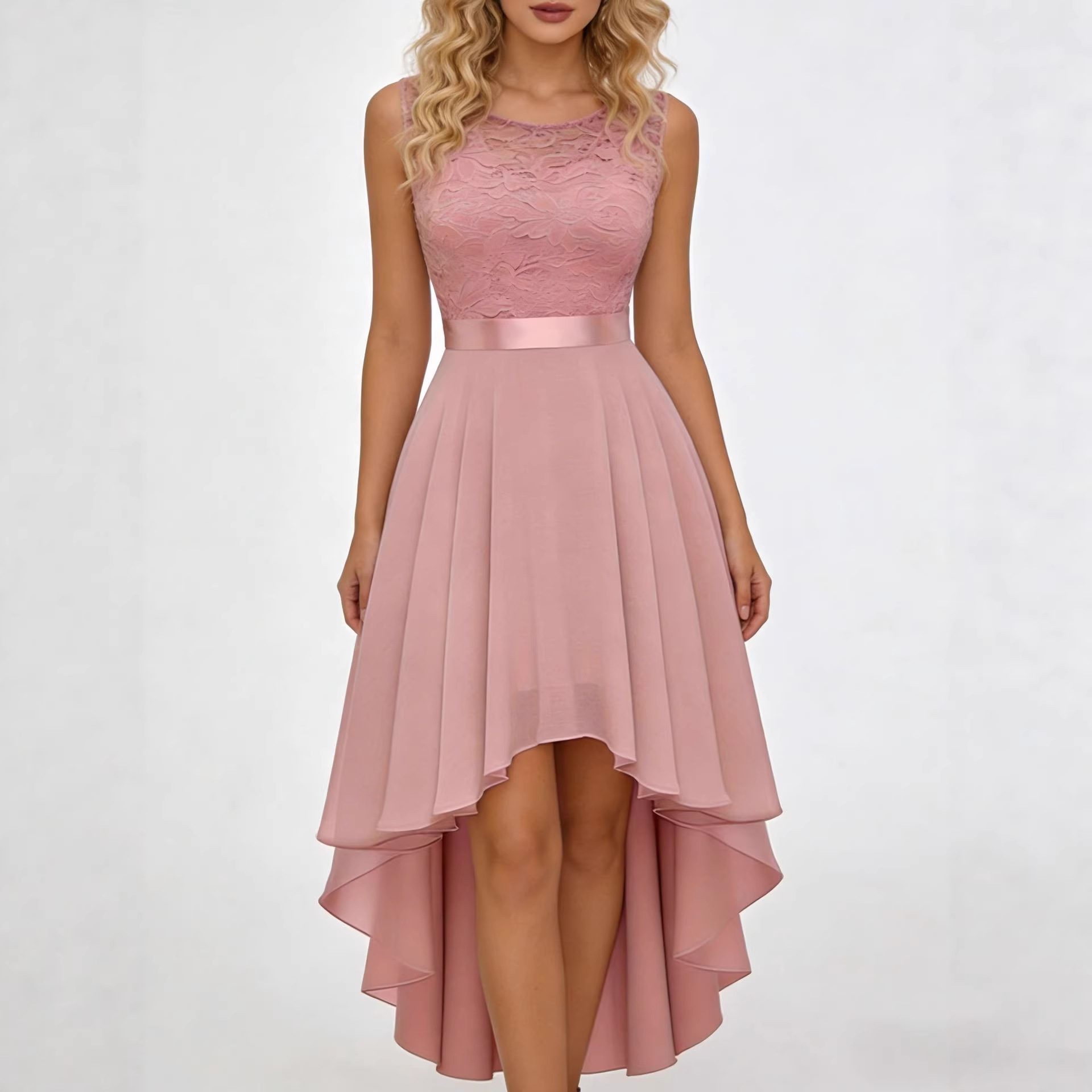 Solid Lace Sleeveless High-Low Party Dress