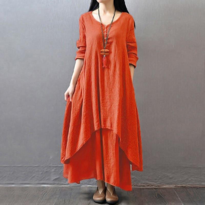 Vintage Women Casual Loose Dress Solid Long Sleeve Boho Ethnic Long Maxi Dresses - VSMEE