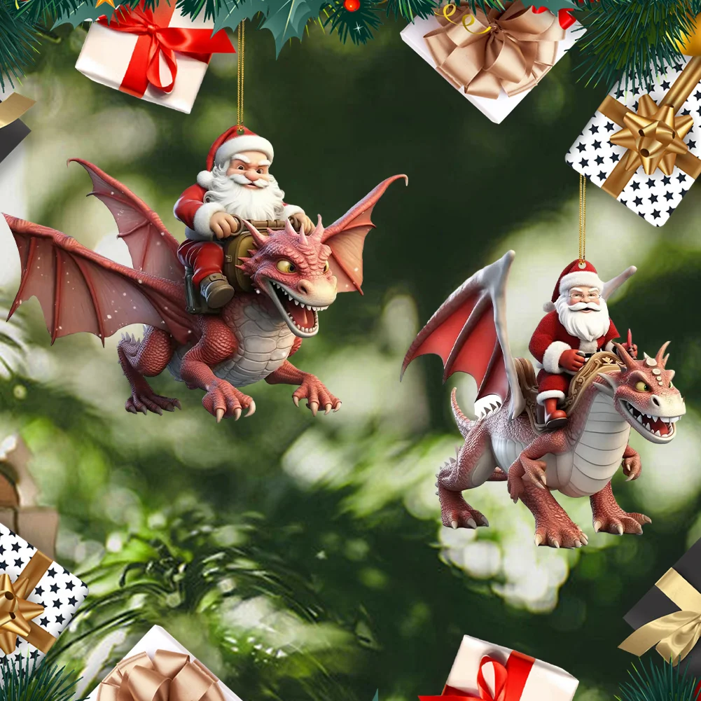 2 PCS Acrylic Santa Flying Dragon 2D Flat Christmas Tree Car Hangings Ornament