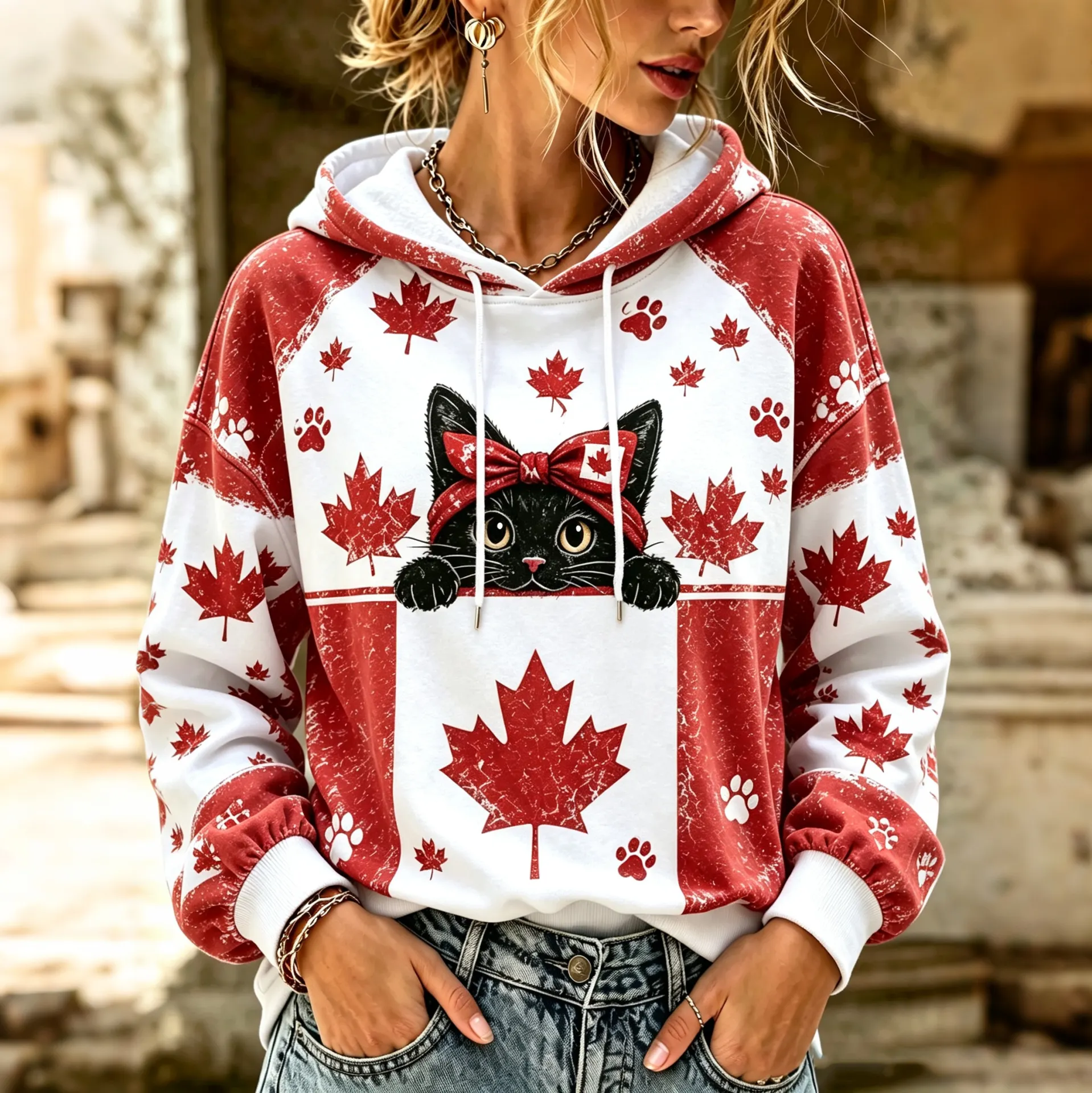 Comstylish Women's Maple Leaf And Black Cat Color Block Print Hoodie