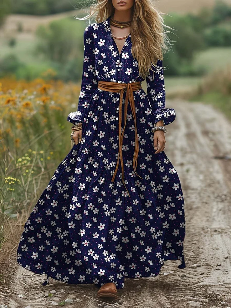 Women's Vintage Shirt Collar Small Floral Long Sleeve Dress Pocket Cotton Dress