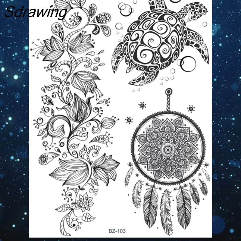 Sdrawing Henna Temporary Tattoos For Women Girls Feather Butterfly DreamCatcher Fake Gem Tattoo Sticker Chest Arm Tatoos Tribal 328-1