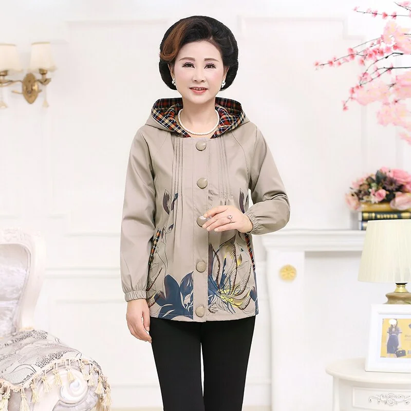 Middle-aged Female Windbreakers Spring Autumn Jacket New Loose Plus Size Long-sleeved Printed Hooded Outerwear Women Basic Coat