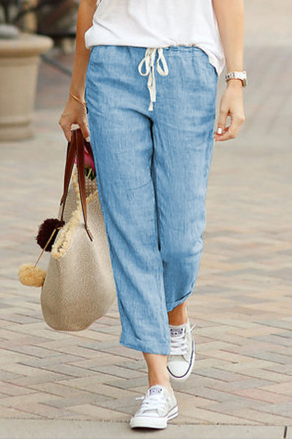 Plus Size Casual Blue Cotton And Linen Drawstring Cropped Pants 2024 - Flycurvy 