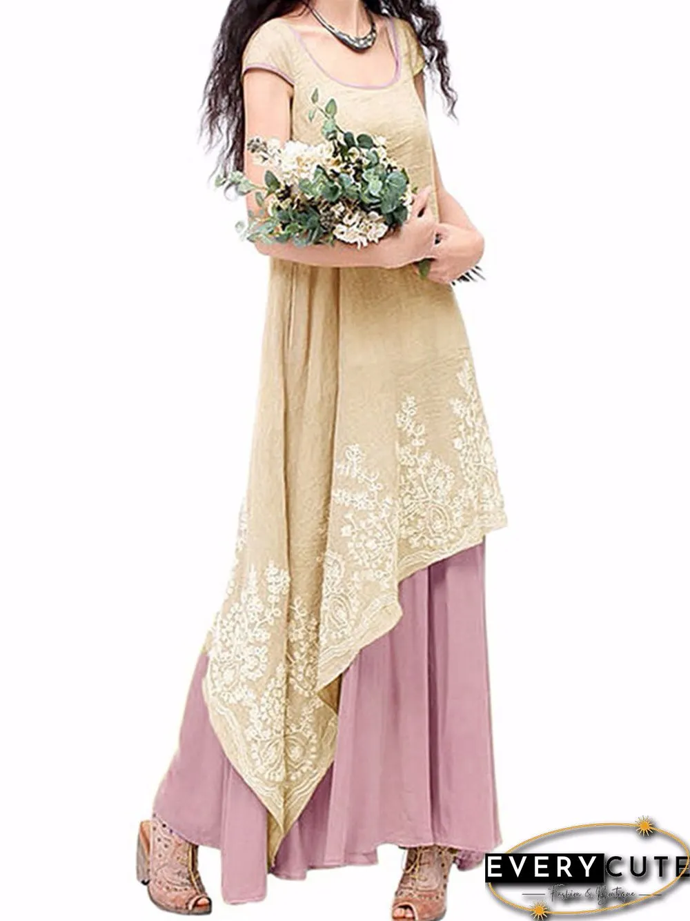 Vintage Floral Embroidered Sleeveless Two Layers Long Maxi Dresses