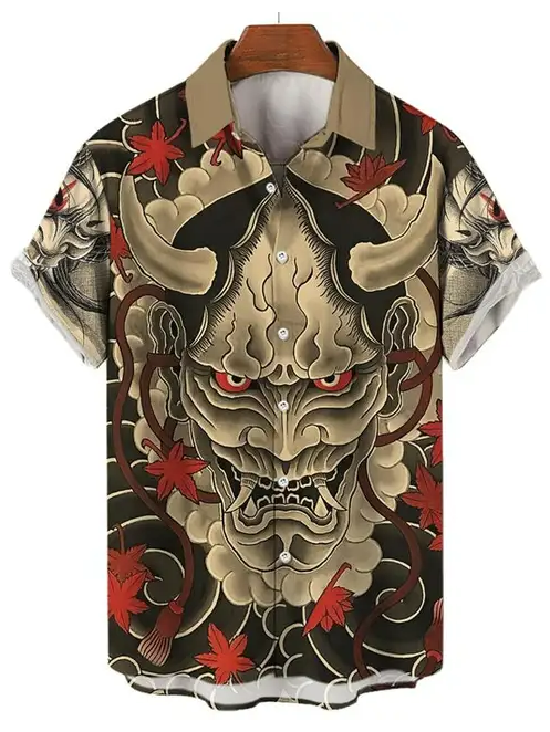 Oni Demon and Maple Leaves Art Hawaiian Shirt PLUSCLOTHESMAN