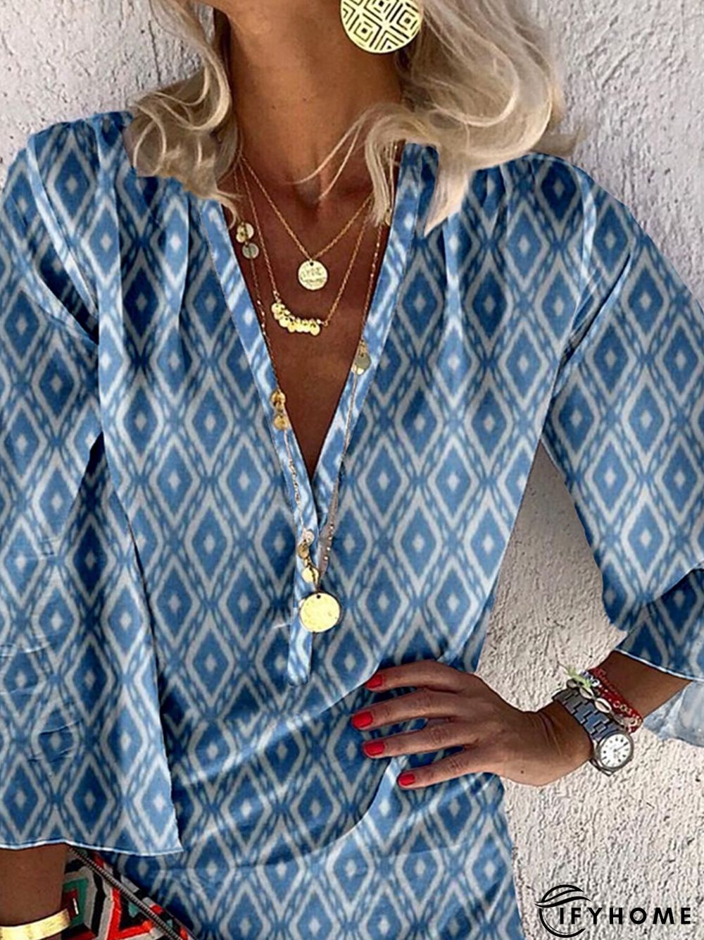 Geometric Long Sleeve V Neck Casual Dress | IFYHOME