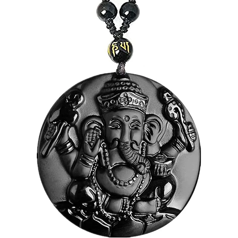 Black Obsidian Ganesh Ganpati Elephant Protection Pendant Necklace