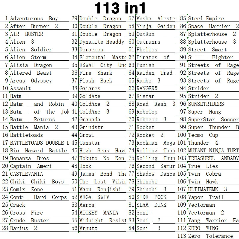 16 Bit Game Cartridge - 113 IN 1 Classic Collection Genesis/MEGA DRIVE Remix Mulit Cart - Region Free