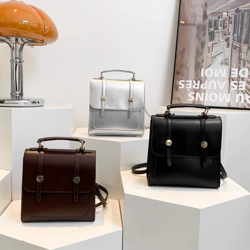 Women's Medium Pu Leather Solid Color Vintage Style Preppy Style Square Magnetic Buckle Fashion Backpack