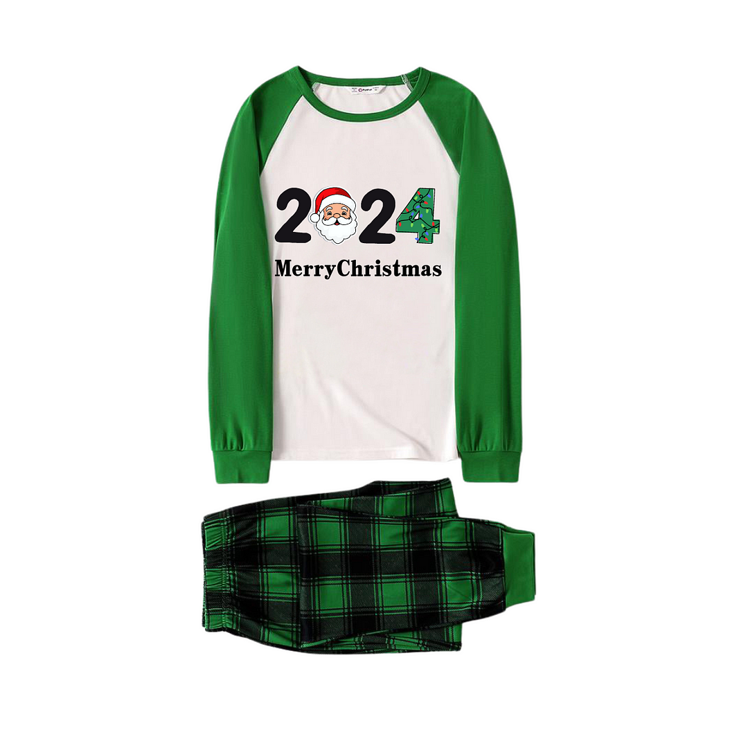 2024 Merry Christmas Text and Santa Claus Print Long Sleeve Top With Green & Black Plaid Christmas Matching Pajamas